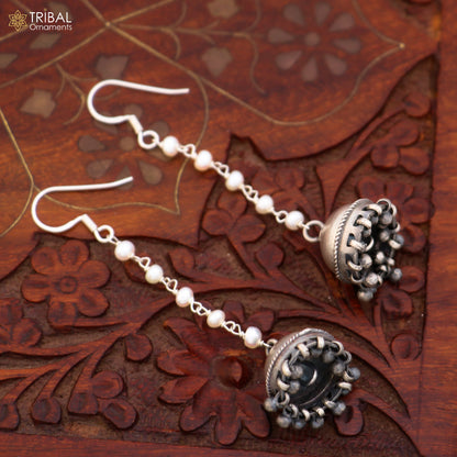 925 sterling silver jumka earrings with pearl oxidized jewelry er264 - TRIBAL ORNAMENTS
