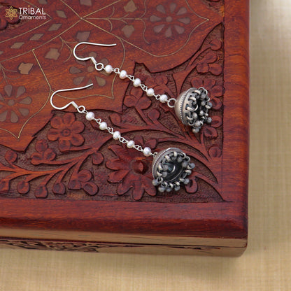 925 sterling silver jumka earrings with pearl oxidized jewelry er264 - TRIBAL ORNAMENTS