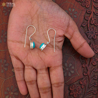 925 silver drop earrings with round turquoise stones, dangle style jewelry by TRIBAL ORNAMENTS, featuring intricate design details.