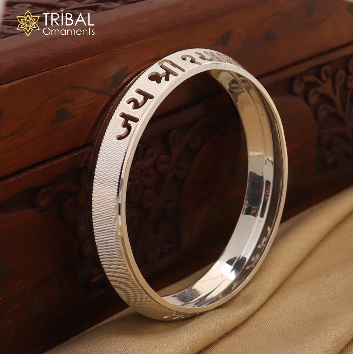 999 pure silver stylish jai shree shayam ( krishna mantra ) shiny bangle kada nsk924
