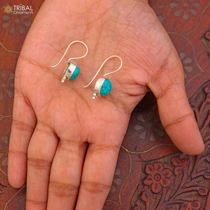 925 sterling silver drop earrings with round turquoise stones and dangle design, crafted by TRIBAL ORNAMENTS.