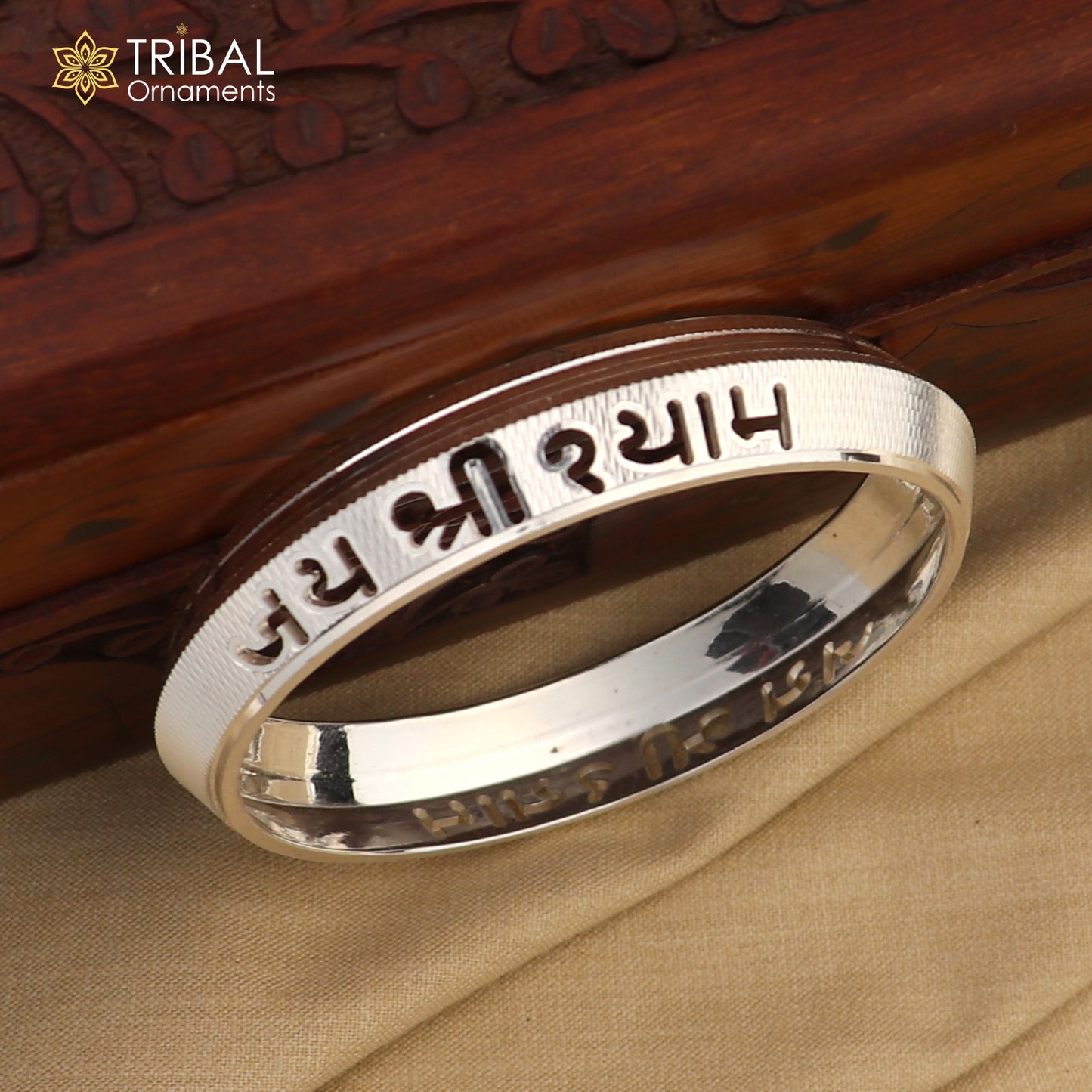 999 pure silver stylish jai shree shayam ( krishna mantra ) shiny bangle kada nsk924