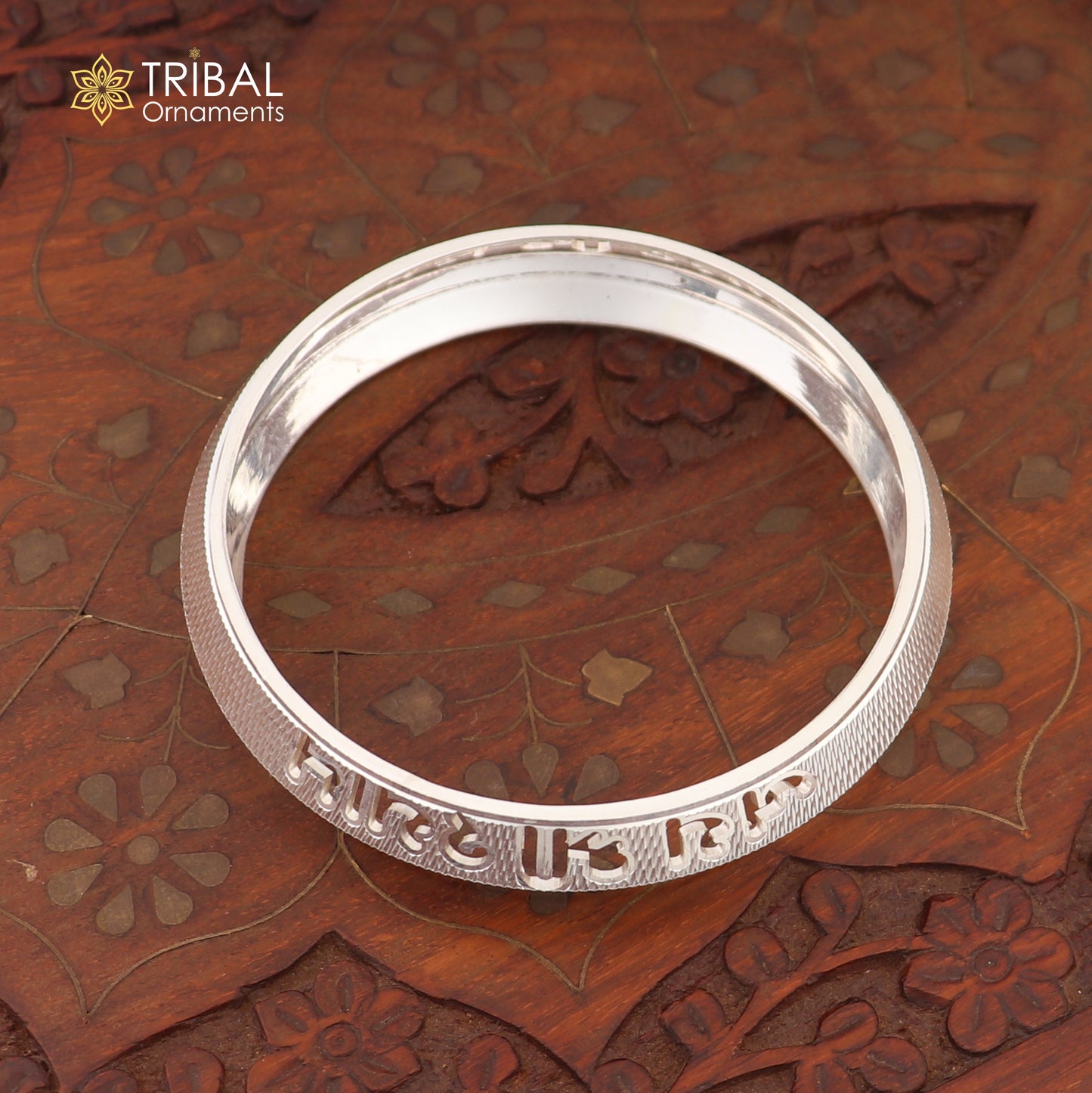 999 pure silver stylish jai shree shayam ( krishna mantra ) shiny bangle kada nsk924