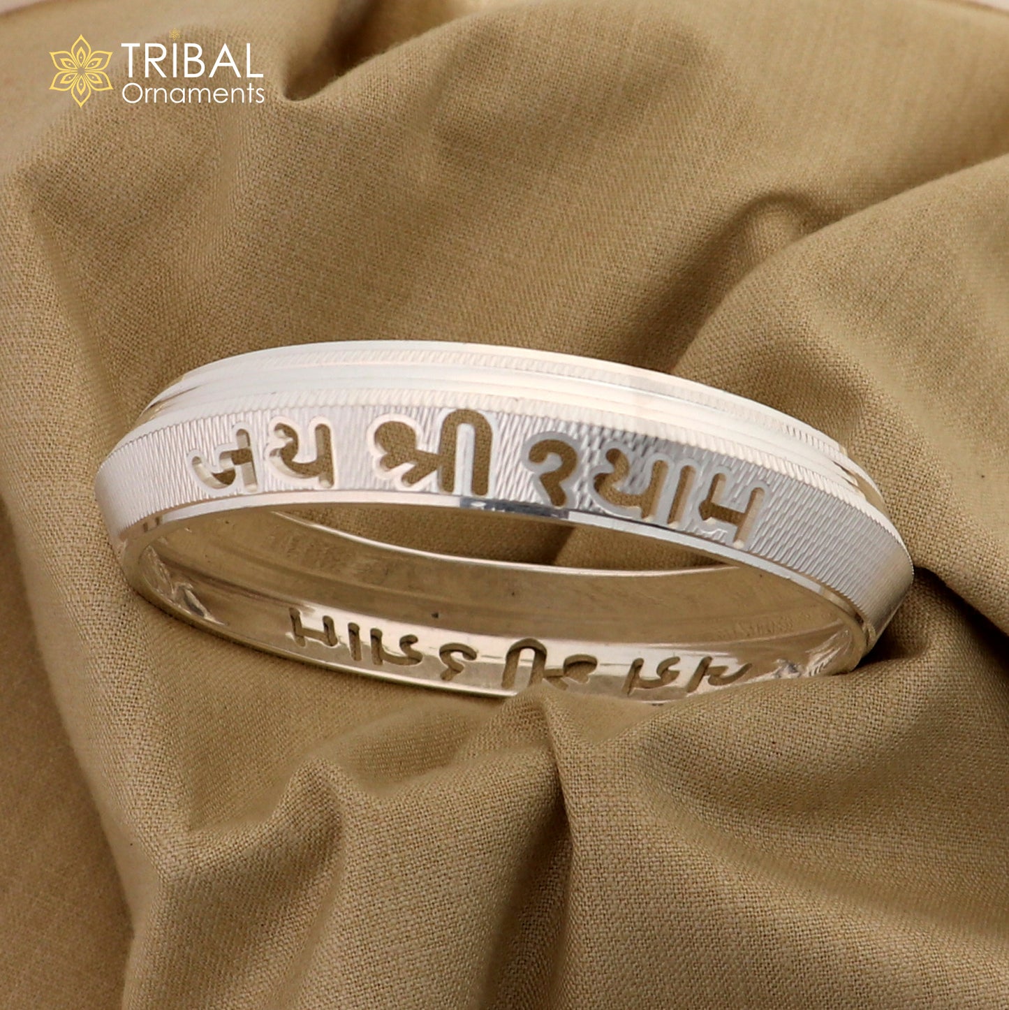 999 pure silver stylish jai shree shayam ( krishna mantra ) shiny bangle kada nsk924