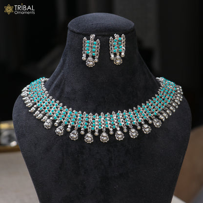 925 sterling silver traditional jewelry set with turquoise stone necklace and earrings by TRIBAL ORNAMENTS, featuring ethnic design.