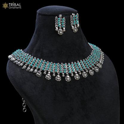 925 sterling silver turquoise ethnic necklace and earrings set by TRIBAL ORNAMENTS featuring traditional design and intricate craftsmanship.