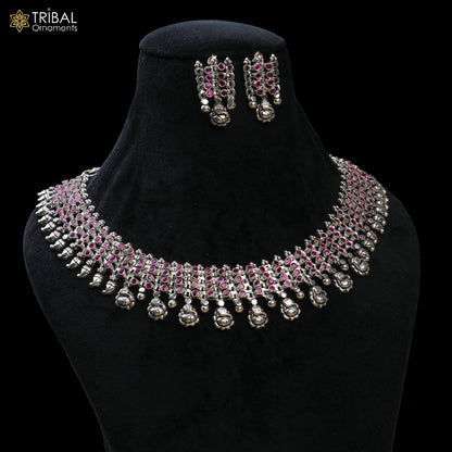 925 sterling silver pink stone with hanging traditional necklace set with earring ethnic jewelry set809 - TRIBAL ORNAMENTS