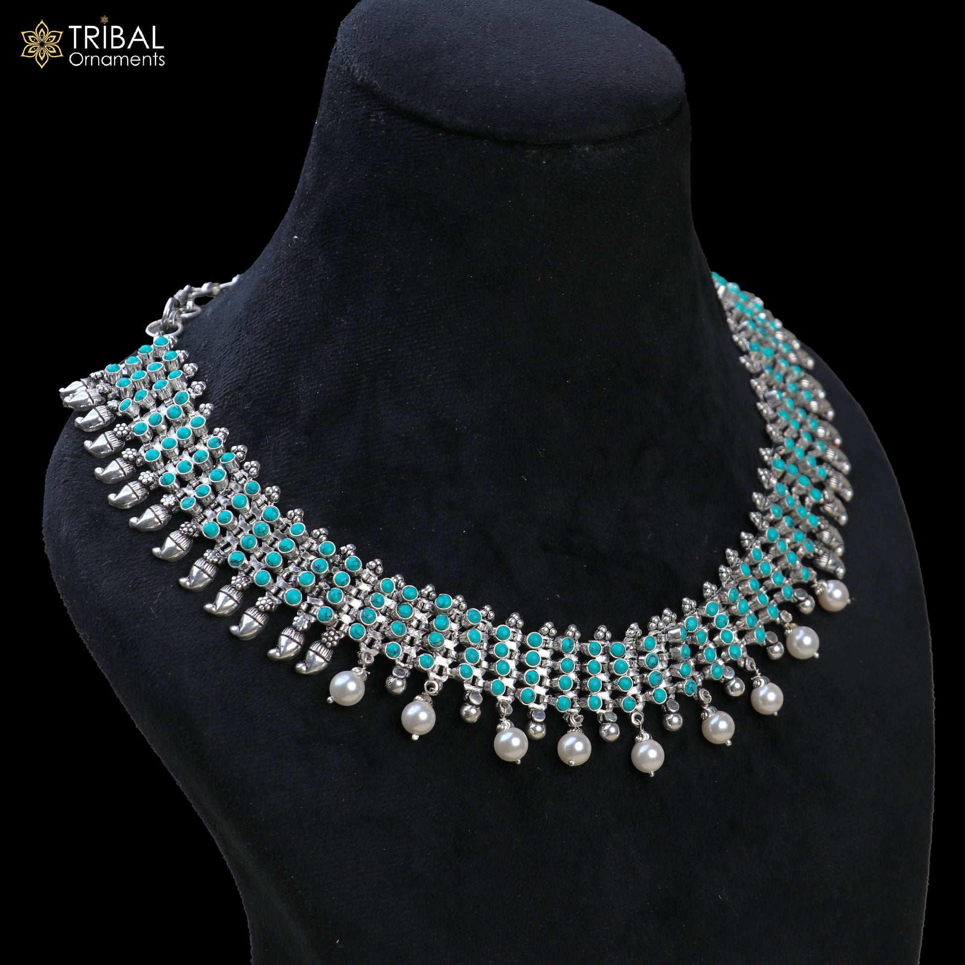 925 sterling silver turquoise stone traditional necklace with earring best ethnic jewelry set808 - TRIBAL ORNAMENTS