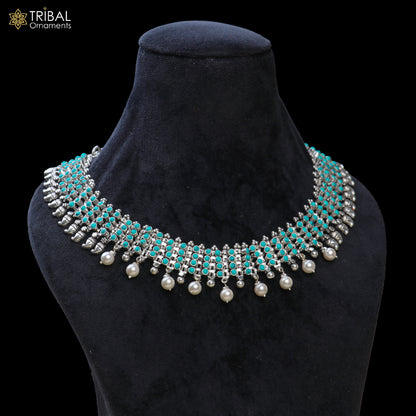 925 sterling silver turquoise stone traditional necklace with earring best ethnic jewelry set808 - TRIBAL ORNAMENTS