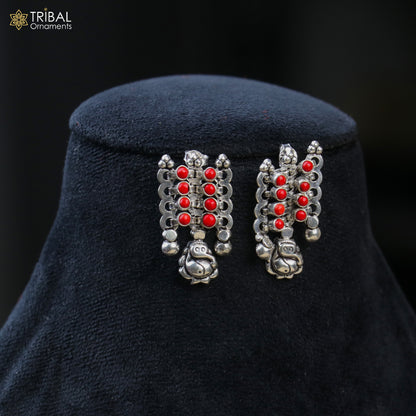 925 sterling silver coral red stone traditional necklace and earrings set by TRIBAL ORNAMENTS, featuring ethnic jewelry design.