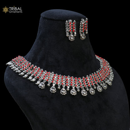 925 sterling silver coral red stone traditional necklace and earrings set, ethnic jewelry by TRIBAL ORNAMENTS.