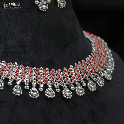 925 sterling silver traditional jewelry set with coral red stone necklace and matching earrings, ethnic tribal ornaments.