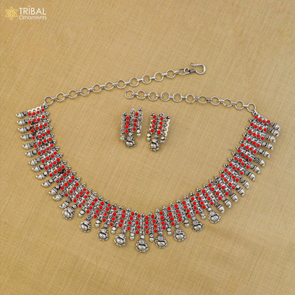 925 sterling silver traditional necklace and earrings set with vibrant red coral stones, ethnic jewelry by TRIBAL ORNAMENTS
