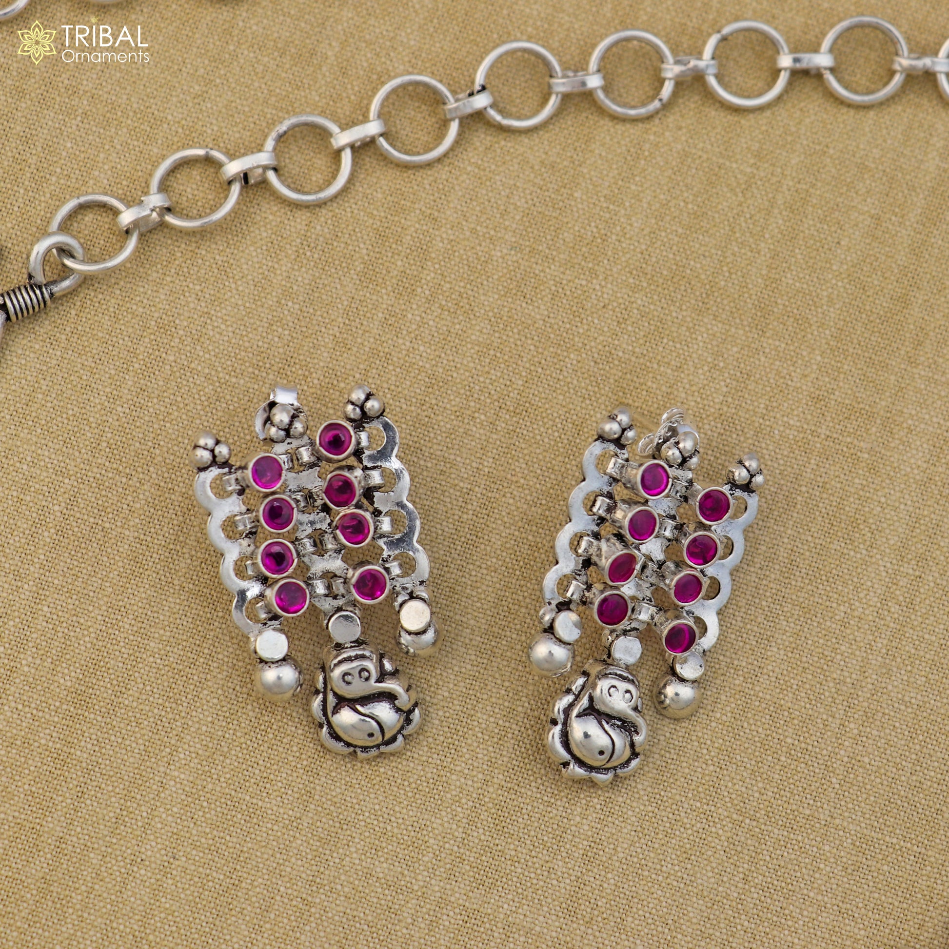925 sterling silver pink stone with hanging traditional necklace set with earring ethnic jewelry set809 - TRIBAL ORNAMENTS
