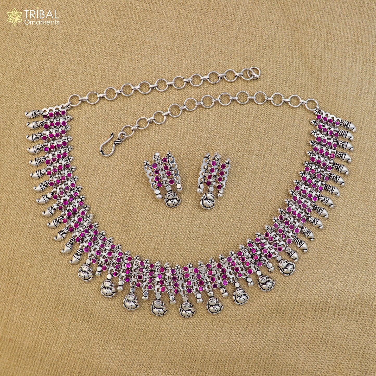925 sterling silver pink stone with hanging traditional necklace set with earring ethnic jewelry set809 - TRIBAL ORNAMENTS