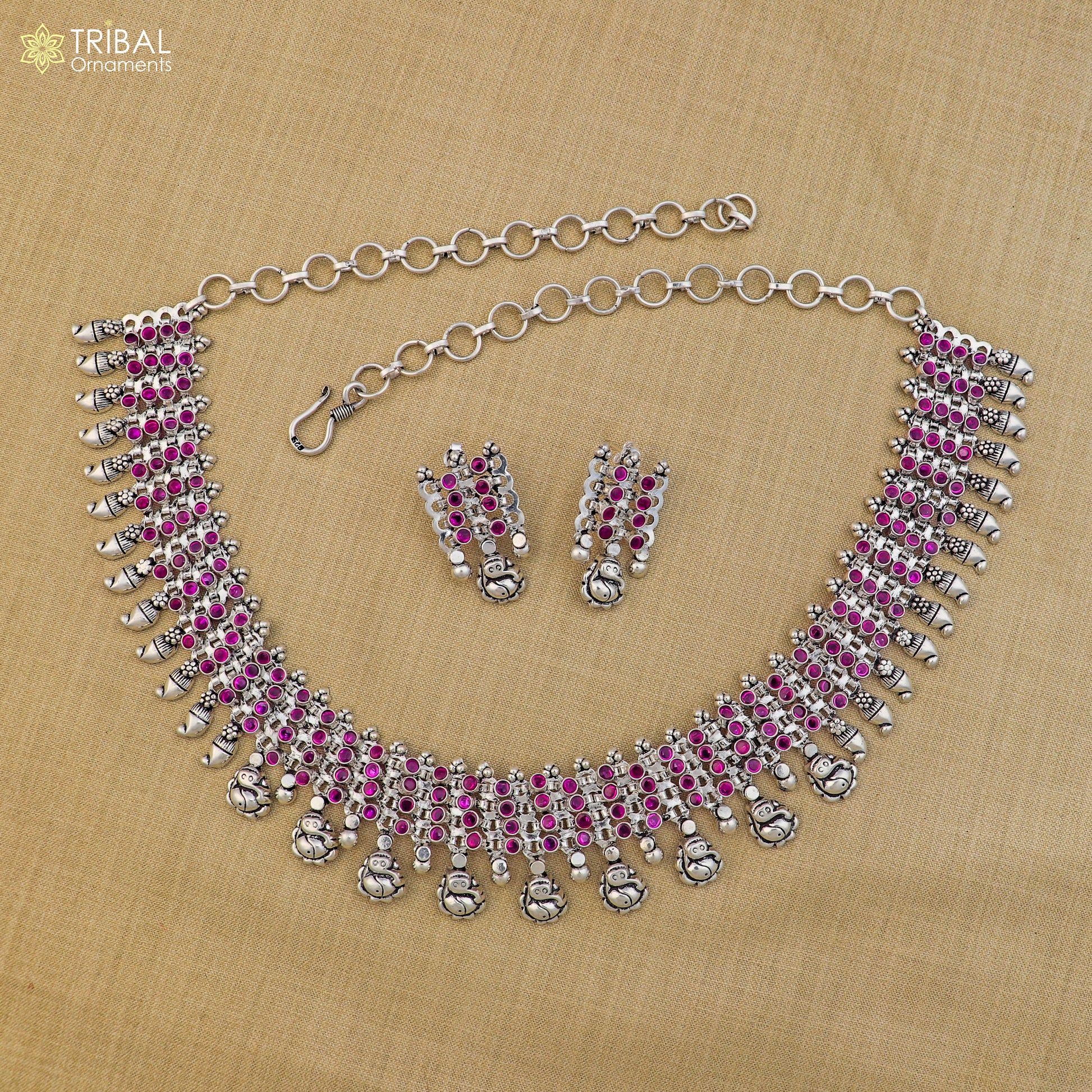 925 sterling silver pink stone with hanging traditional necklace set with earring ethnic jewelry set809 - TRIBAL ORNAMENTS