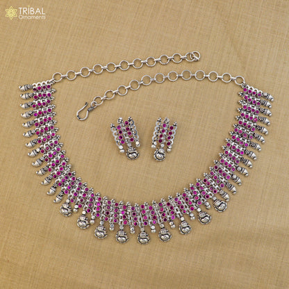 925 sterling silver pink stone with hanging traditional necklace set with earring ethnic jewelry set809 - TRIBAL ORNAMENTS