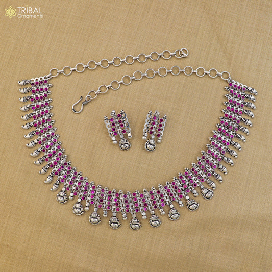 925 sterling silver pink stone with hanging traditional necklace set with earring ethnic jewelry set809 - TRIBAL ORNAMENTS