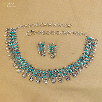 925 sterling silver traditional necklace and earrings set with turquoise stones, ethnic jewelry by TRIBAL ORNAMENTS.