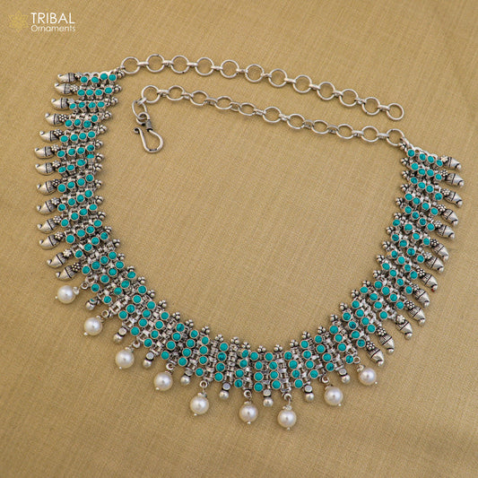 925 sterling silver turquoise stone traditional necklace with earring best ethnic jewelry set808 - TRIBAL ORNAMENTS