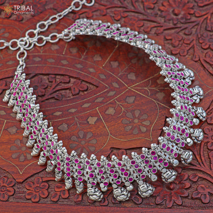 925 sterling silver pink stone with hanging traditional necklace set with earring ethnic jewelry set809 - TRIBAL ORNAMENTS