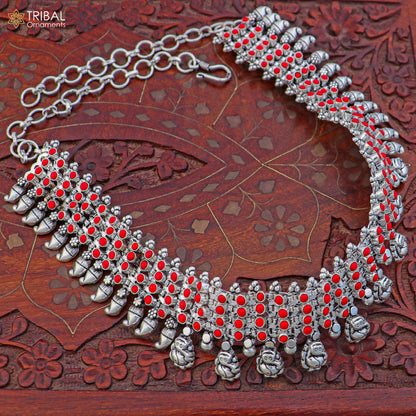 Sterling silver ethnic jewelry set with red coral stones including traditional necklace and matching earrings by TRIBAL ORNAMENTS.