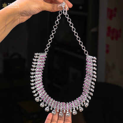 925 sterling silver pink stone with hanging traditional necklace set with earring ethnic jewelry set809 - TRIBAL ORNAMENTS