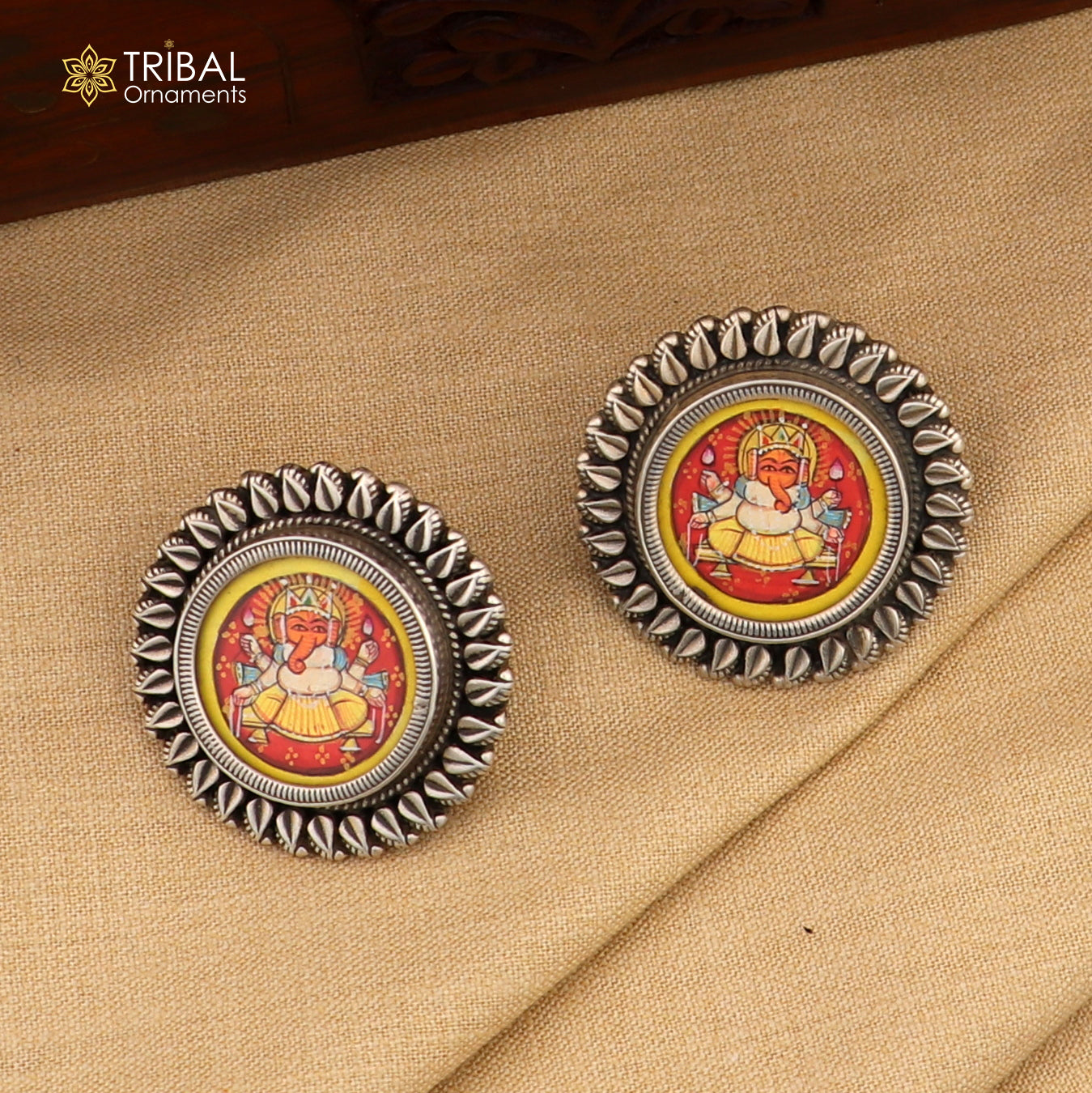925 sterling silver lord Ganesha painting miniature art Painting  hoops earring s1339