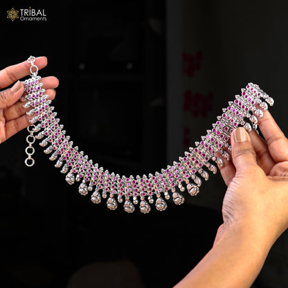 925 sterling silver pink stone with hanging traditional necklace set with earring ethnic jewelry set809 - TRIBAL ORNAMENTS