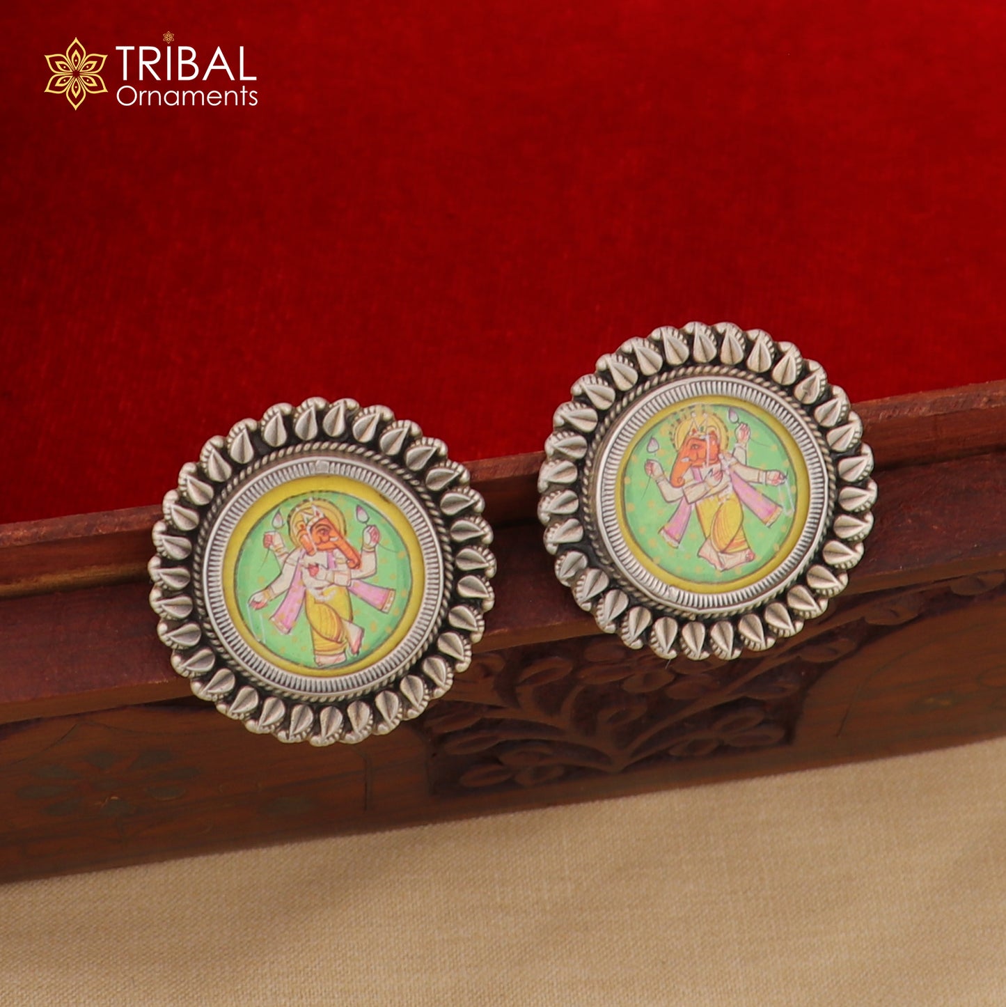 925 sterling silver lord Ganesha painting miniature art Painting hoops earring s1337