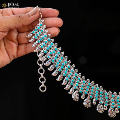 Sterling silver turquoise stone traditional necklace and matching earrings set by TRIBAL ORNAMENTS, showcasing ethnic jewelry design.