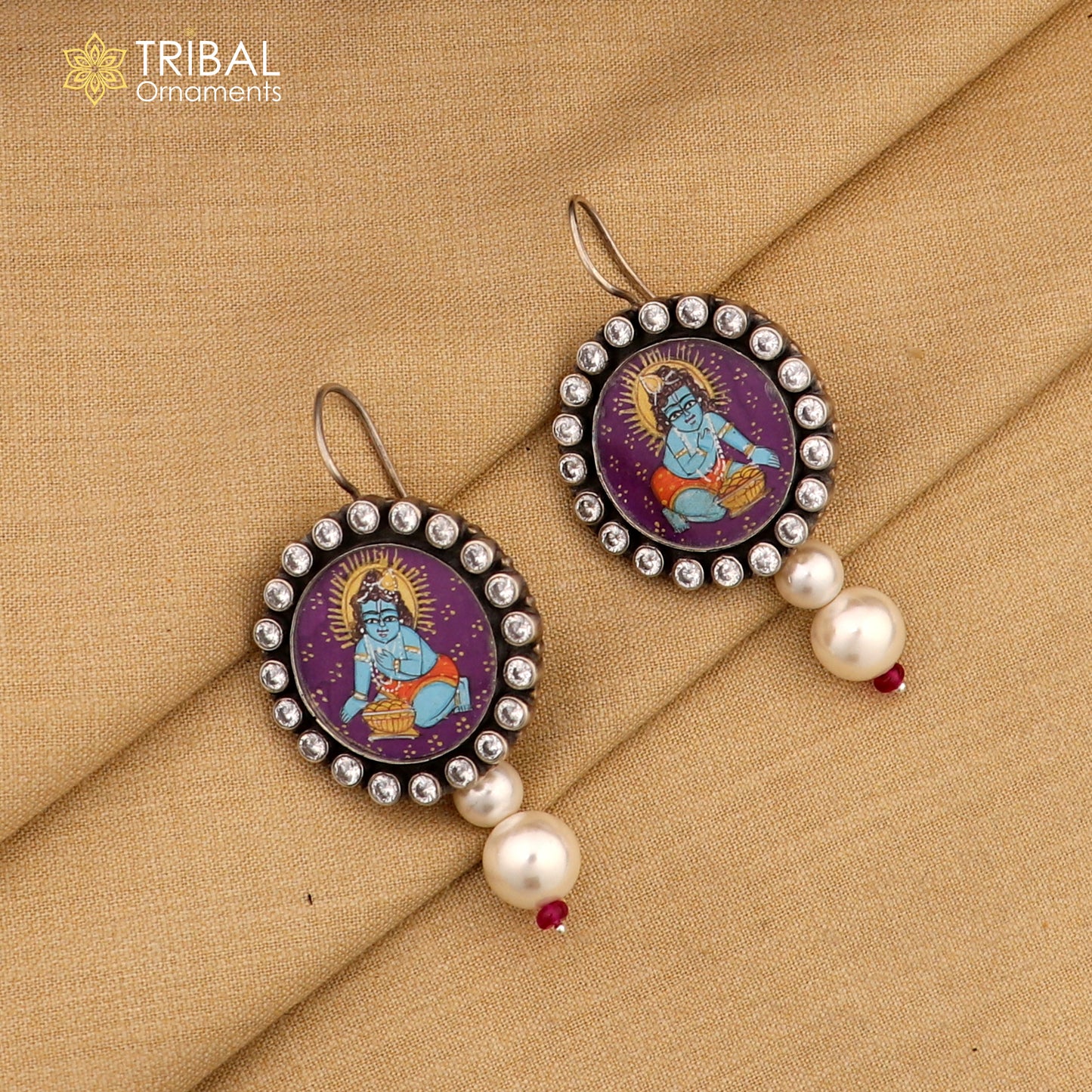925 sterling silver lord krishna miniature art Painting hoops earring s1365
