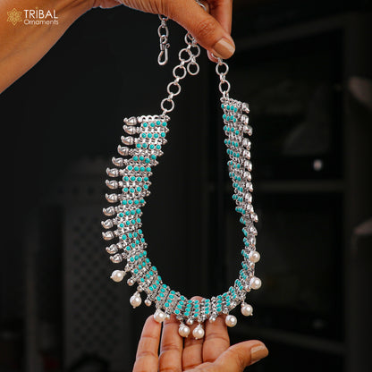 925 sterling silver turquoise stone traditional necklace with earring best ethnic jewelry set808 - TRIBAL ORNAMENTS