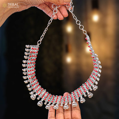 925 sterling silver traditional necklace and earrings set with red coral stone, ethnic jewelry by TRIBAL ORNAMENTS