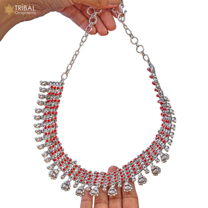 925 sterling silver traditional necklace and earrings set with red coral stone, ethnic jewelry by TRIBAL ORNAMENTS.
