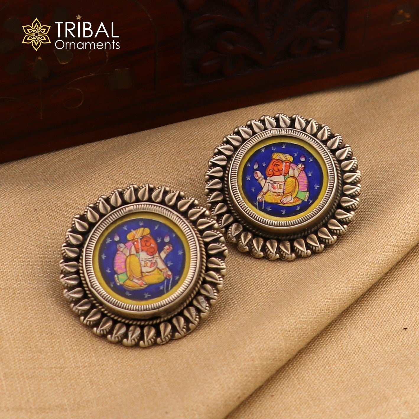 925 sterling silver lord Ganesha painting miniature art Painting  hoops earring s1338