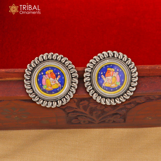 925 sterling silver lord Ganesha painting miniature art Painting  hoops earring s1338