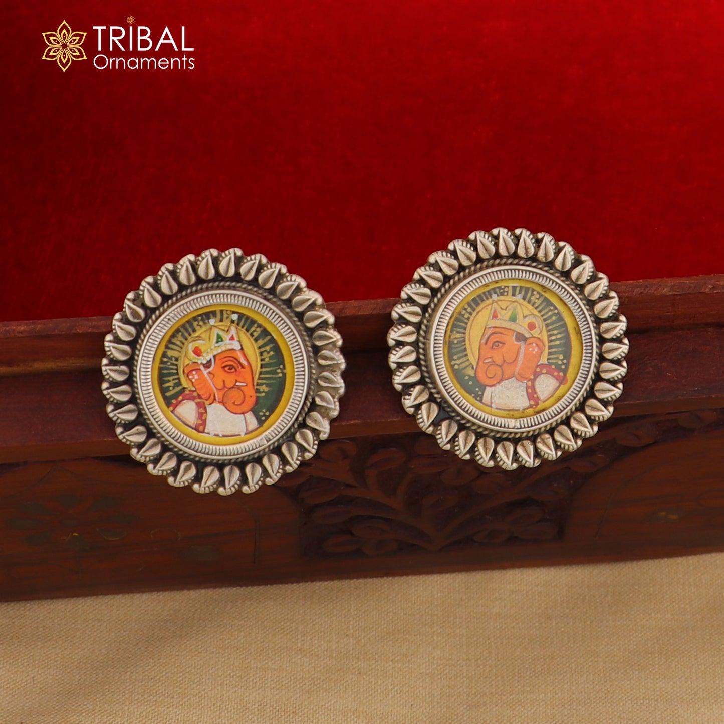 925 sterling silver lord Ganesha painting miniature art Painting  hoops earring s1340