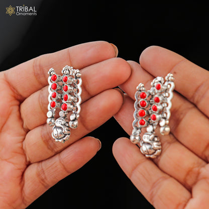 925 sterling silver coral red stone traditional jewelry set with necklace and earrings, ethnic style by TRIBAL ORNAMENTS