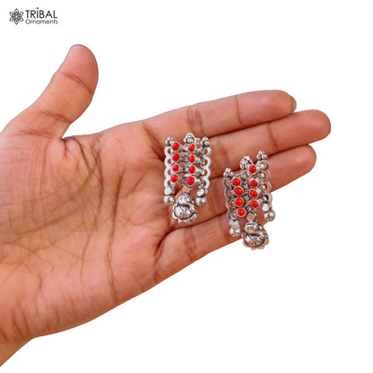 925 silver coral red stone traditional necklace and earrings set, ethnic jewelry by TRIBAL ORNAMENTS, featuring intricate design.