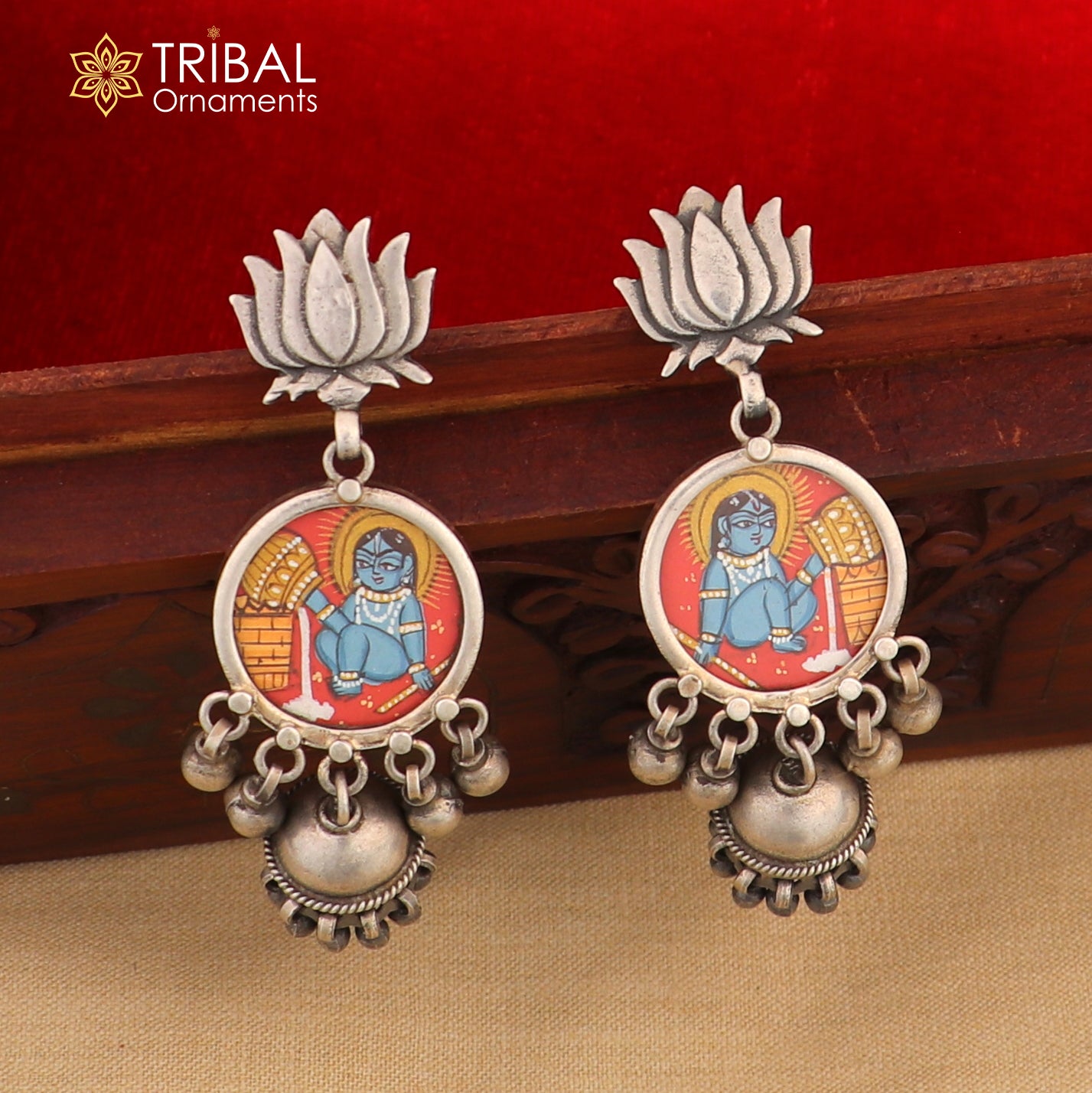 925 sterling silver lord  krishna painting miniature art Painting  hoops earring s1358