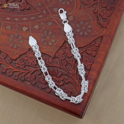 Sterling silver 8.5-inch Byzantine box chain bracelet by Tribal Ornaments, unisex jewelry with intricate link design.