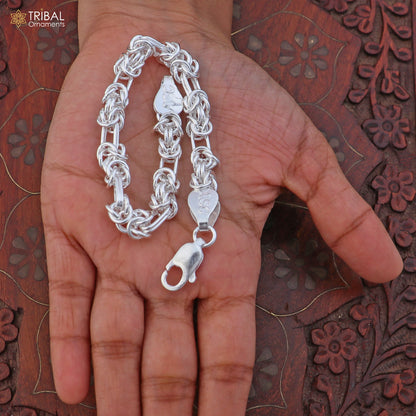 8.5-inch sterling silver Byzantine box chain bracelet by Tribal Ornaments, unisex jewelry with intricate link design.