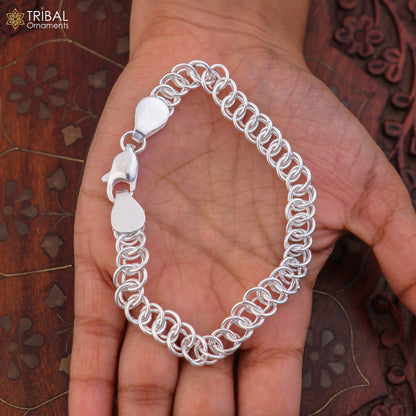 8.5-inch sterling silver Byzantine box chain bracelet by TRIBAL ORNAMENTS, unisex jewelry with intricate woven design.