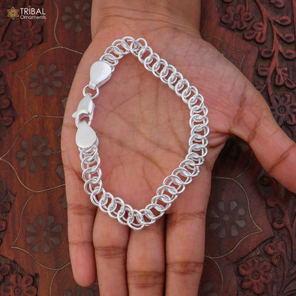8.5-inch 925 sterling silver Byzantine box chain bracelet by TRIBAL ORNAMENTS, unisex jewelry with intricate links and polished finish.