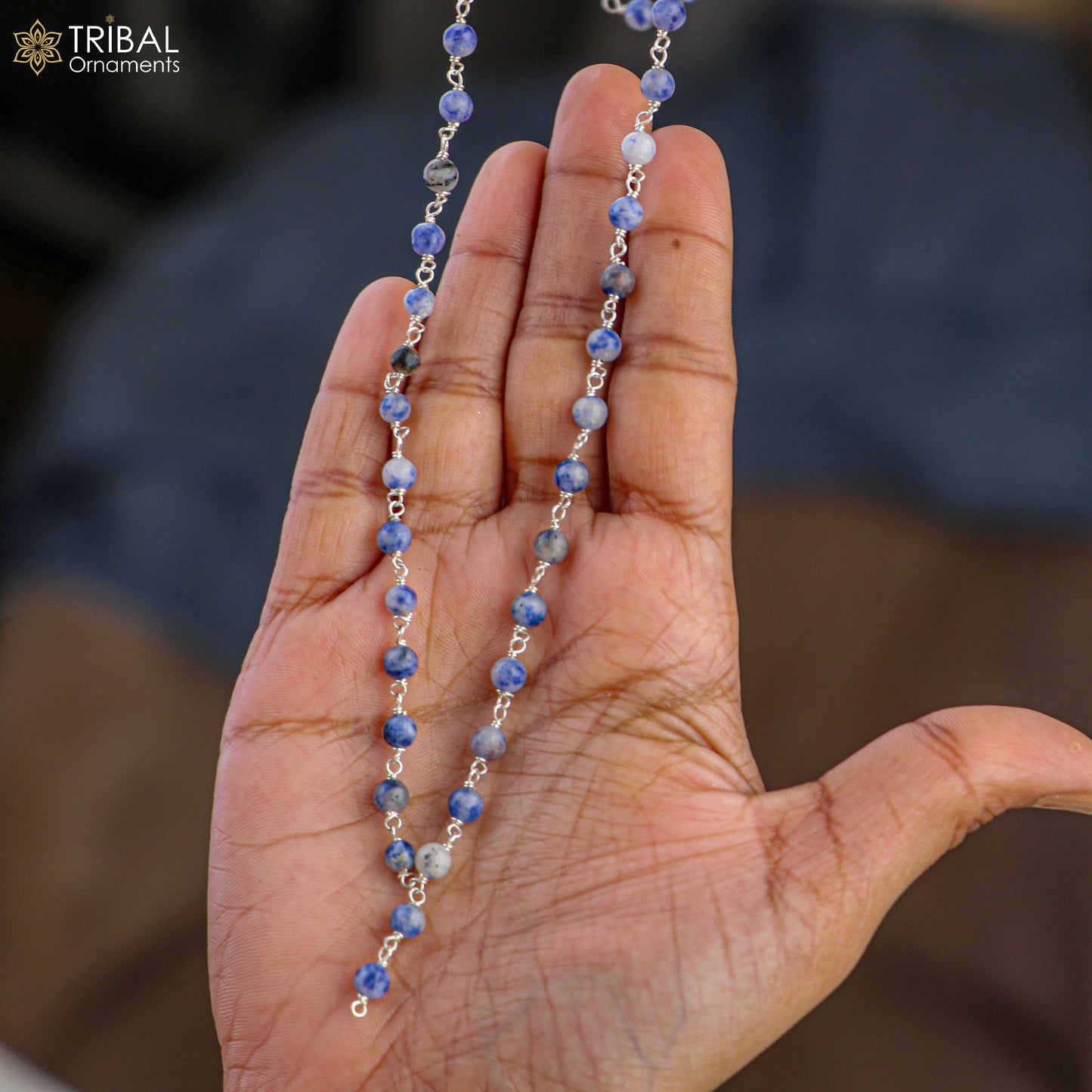 925 sterling silver lapis lazuli stone beads chain for unisex jewelry ch632 - TRIBAL ORNAMENTS