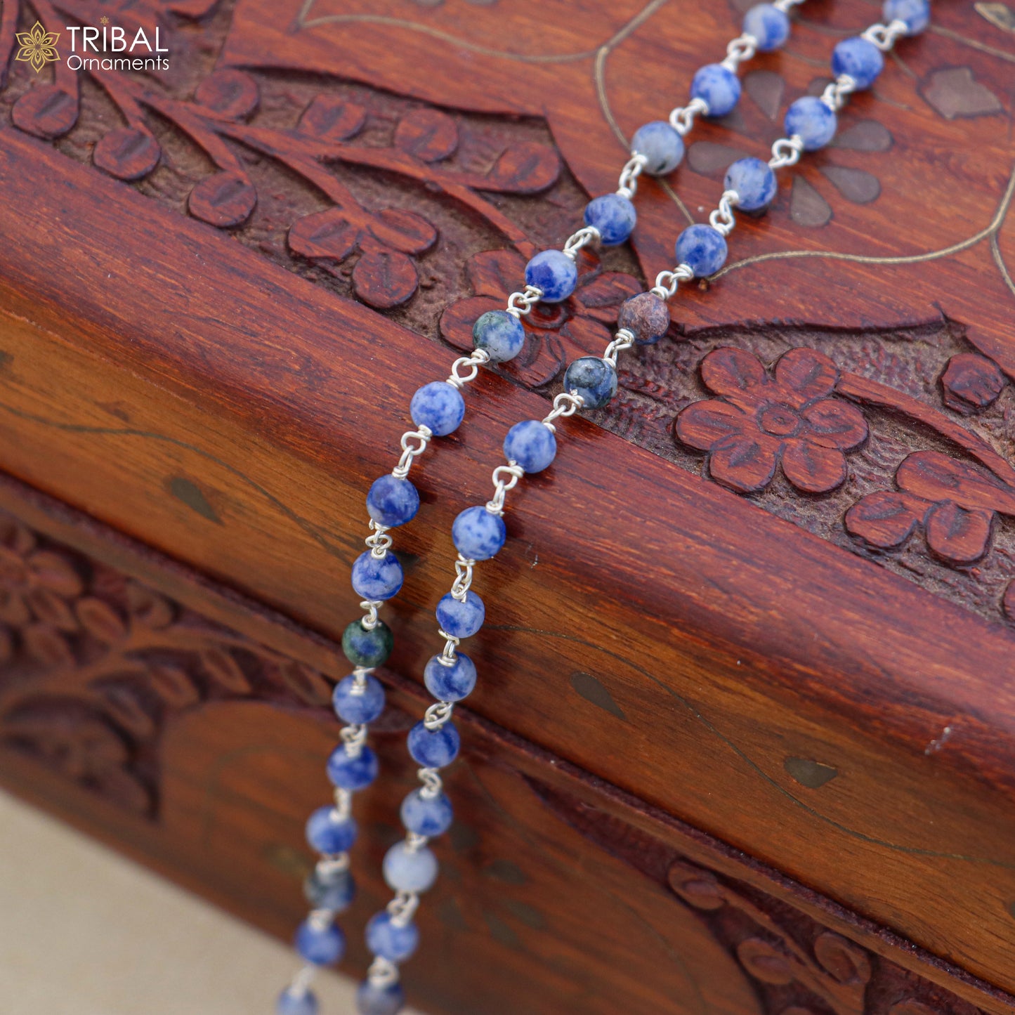 925 sterling silver lapis lazuli stone beads chain for unisex jewelry ch632 - TRIBAL ORNAMENTS