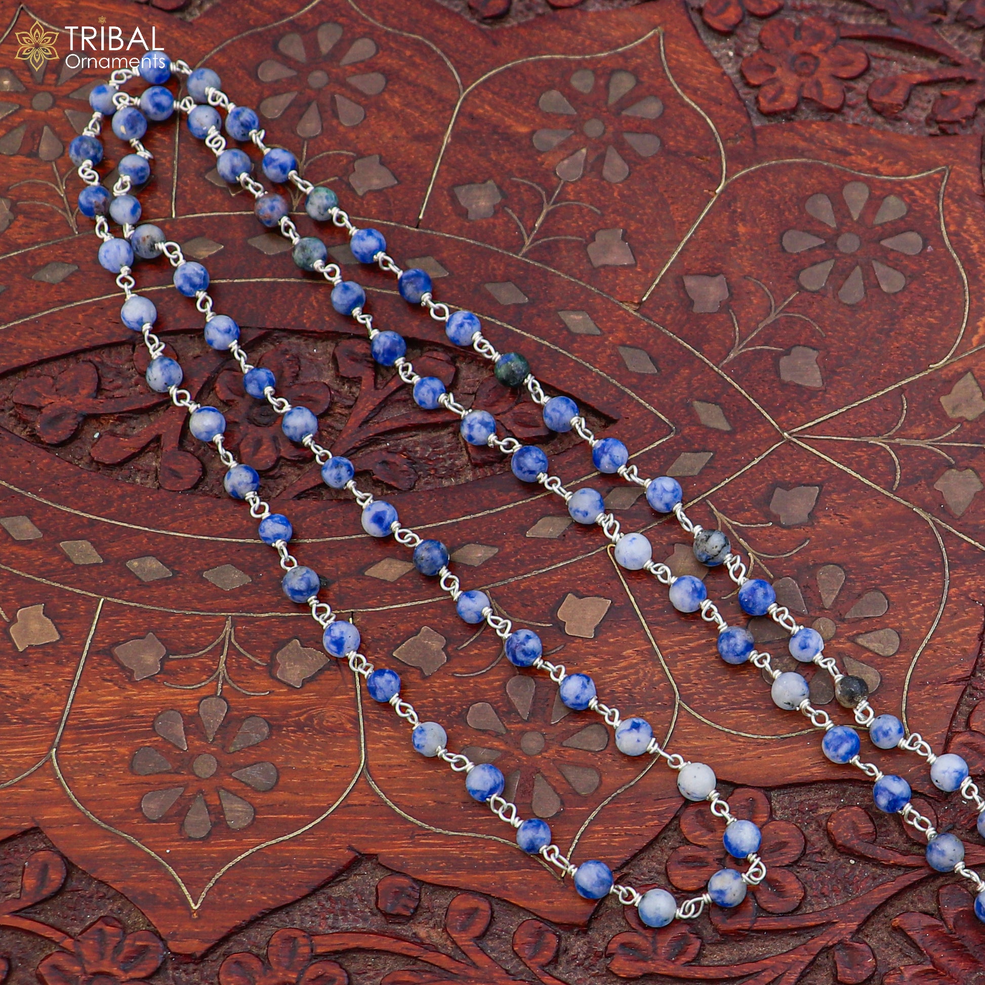 925 sterling silver lapis lazuli stone beads chain for unisex jewelry ch632 - TRIBAL ORNAMENTS