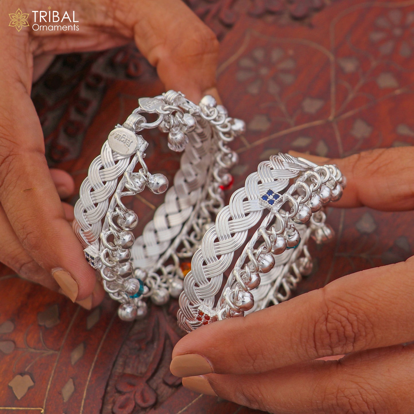 Sterling silver baby anklet with customizable design and jingling charms, ideal for kids' jewelry from TRIBAL ORNAMENTS.