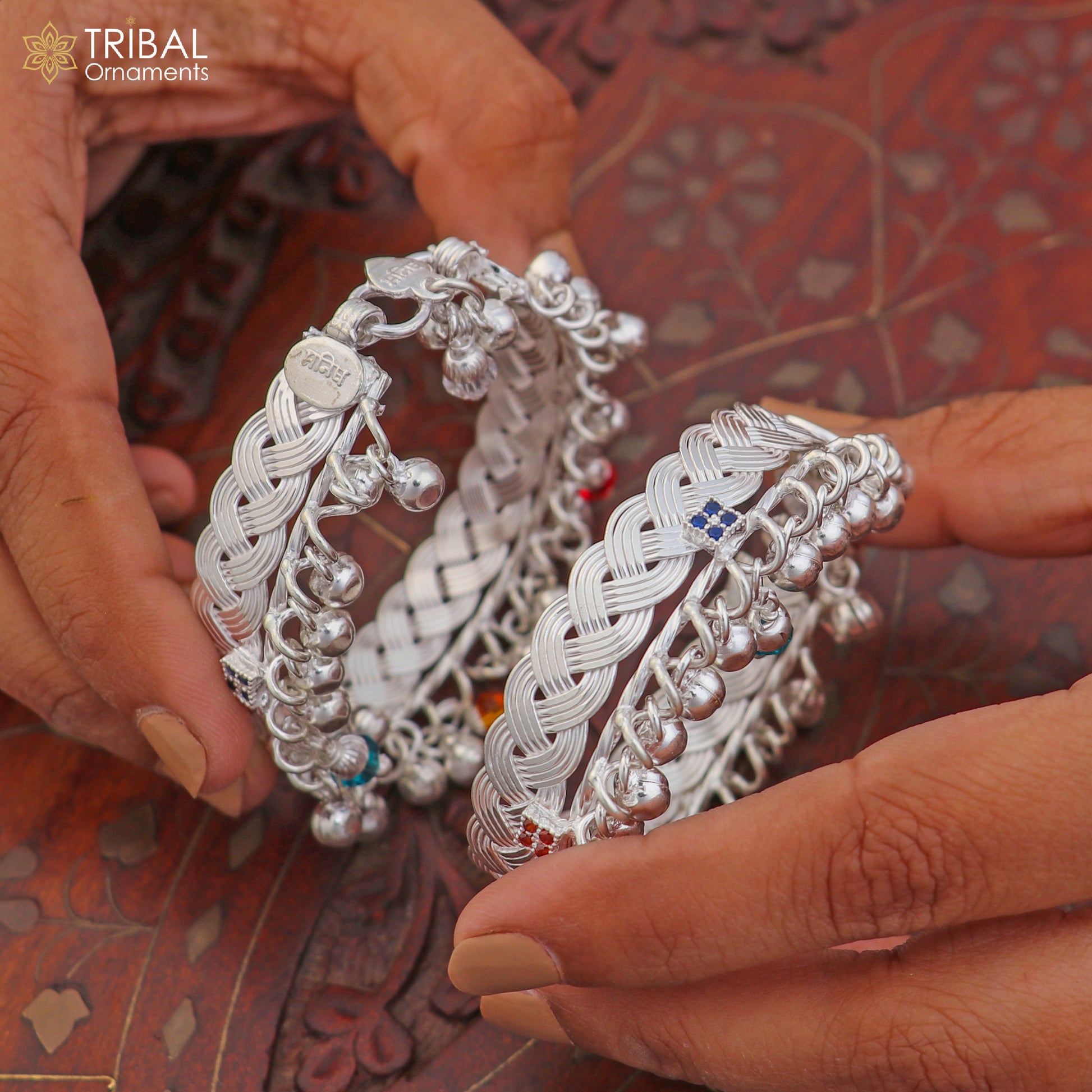 Sterling silver baby anklet with customizable design and jingling charms, ideal for kids' jewelry from TRIBAL ORNAMENTS.